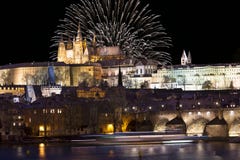 Fireworks Above Night Colorful Snowy Prague Gothic Castle With Charles Bridge, Czech Republic Royalty Free Stock Images Fireworks Above Night Colorful Snowy Prague Gothic Castle With Charles Bridge, Czech Republic Royalty Free Stock Images