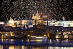 Fireworks Above Night Colorful Snowy Prague Gothic Castle With Charles Bridge, Czech Republic Royalty Free Stock Photography Fireworks Above Night Colorful Snowy Prague Gothic Castle With Charles Bridge, Czech Republic Royalty Free Stock Photography