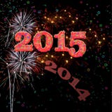 Fireworks Happy New Year 2015. Brightly colored fireworks and star shapes against a night sky celebrating Happy New Years Eve 2015 and the end of 2014 as it vector illustration Fireworks Happy New Year 2015. Brightly colored fireworks and star shapes against a night sky celebrating Happy New Years Eve 2015 and the end of 2014 as it vector illustration