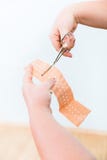 In First aid class, Cutting of patch for smaller lesions stock photography In First aid class, Cutting of patch for smaller lesions stock photography