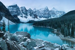 First Snow Morning At Moraine Lake In Banff National Park Alberta Canada Snow-covered Winter Mountain Lake In A Winter Atmosphere. Royalty Free Stock Photo First Snow Morning At Moraine Lake In Banff National Park Alberta Canada Snow-covered Winter Mountain Lake In A Winter Atmosphere. Royalty Free Stock Photo