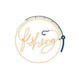 Fish text made from Fishing rod frame circle shape, logo icon set design orange and dark blue color illustration stock illustration Fish text made from Fishing rod frame circle shape, logo icon set design orange and dark blue color illustration stock illustration