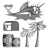 Fish, treasure chest, barrels and palm tree vector illustration Fish, treasure chest, barrels and palm tree vector illustration