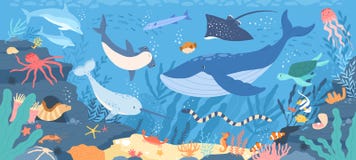 Fish and wild marine animals in ocean. Sea world dwellers, cute underwater creatures, coral reef inhabitants in their