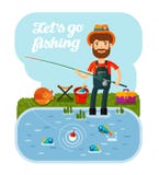 Fisherman with a fishing rod in his hands. Camping, vacation, relax. Cartoon vector illustration vector illustration Fisherman with a fishing rod in his hands. Camping, vacation, relax. Cartoon vector illustration vector illustration