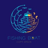 Fishing boat, fish, seagull, wave and Fishing net circle shape logo icon outline stroke set dash line design illustration stock illustration Fishing boat, fish, seagull, wave and Fishing net circle shape logo icon outline stroke set dash line design illustration stock illustration