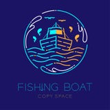 Fishing boat, fish, seagull, wave and Water splash circle frame shape logo icon outline stroke set dash line design illustration royalty free illustration Fishing boat, fish, seagull, wave and Water splash circle frame shape logo icon outline stroke set dash line design illustration royalty free illustration
