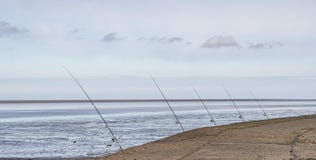 fishing rods placed at the wadden sea at north sea