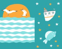 Fiskmåsar flyger på solnedgången med skeppet och fisken stock illustrationer Fiskmåsar flyger på solnedgången med skeppet och fisken stock illustrationer
