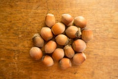 Fistful of ripe hazelnuts on table stock image Fistful of ripe hazelnuts on table stock image
