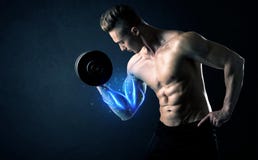 Fit athlete lifting weight with blue muscle light concept royalty free stock photo Fit athlete lifting weight with blue muscle light concept royalty free stock photo