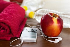 Fitness equipment and healthy nutrition royalty free stock photography Fitness equipment and healthy nutrition royalty free stock photography