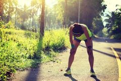 Fitness woman runner take a break at morning tropical forest trail stock images Fitness woman runner take a break at morning tropical forest trail stock images