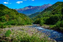 Fiume della montagna che corre e che bolle nelle rocce con le viste delle montagne immagine stock libera da diritti Fiume della montagna che corre e che bolle nelle rocce con le viste delle montagne immagine stock libera da diritti