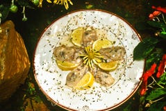 Five, fresh, shucked oysters with lemon slices stock photos Five, fresh, shucked oysters with lemon slices stock photos