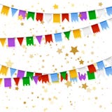 Garland with realistic flags. Holiday background with gold star confetti. stock illustration Garland with realistic flags. Holiday background with gold star confetti. stock illustration