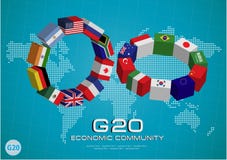 Flaggor för land G20 med den prickiga världskartan eller flaggor av världen (den ekonomiska flaggan för landet G20) vektor illustrationer Flaggor för land G20 med den prickiga världskartan eller flaggor av världen (den ekonomiska flaggan för landet G20) vektor illustrationer