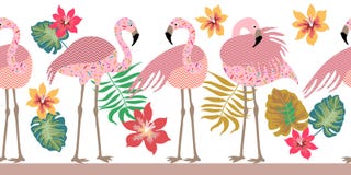Flamants, fleurs et palmettes sans couture de moelle de frontière de vecteur illustration stock Flamants, fleurs et palmettes sans couture de moelle de frontière de vecteur illustration stock