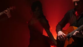 Flamencodansen utförde vid en yrkesmässig flicka bredvid att spela gitarristmusik Ljus bakifrån stora objekt för bakgrundskontrol stock video Flamencodansen utförde vid en yrkesmässig flicka bredvid att spela gitarristmusik Ljus bakifrån stora objekt för bakgrundskontrol stock video