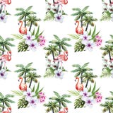 Flamingo com palmas e flores ilustração royalty free Flamingo com palmas e flores ilustração royalty free