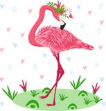 Flamingo cor-de-rosa com flores - ilustração do vetor, eps ilustração stock Flamingo cor-de-rosa com flores - ilustração do vetor, eps ilustração stock