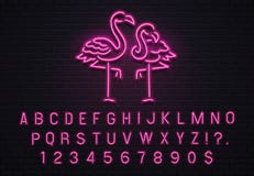 Flamingo neon sign. Pink 80s font. Tropical flamingos electric glow bar billboard with purple light bulb letters vector