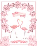 Flamingo wedding invitation, greeting card with pink flamingos. Beautiful watercolor illustration of love birds