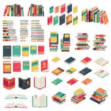 Flat books set. Book school library publishing dictionary textbook magazine open closed page studying vector collection