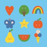 Flat colorful vector illustration set. Heart, tree, rainbow, butterfly, star, apple, pear, watermelon and ice cream royalty free illustration Flat colorful vector illustration set. Heart, tree, rainbow, butterfly, star, apple, pear, watermelon and ice cream royalty free illustration