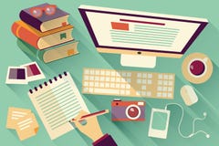 Flat design objects, work desk, long shadow, office desk royalty free illustration Flat design objects, work desk, long shadow, office desk royalty free illustration