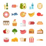 Flat Food Icons. Menu Planning Elements, Fruits And Vegetables, Drinks, Cheese And Bread, Milk And Alcohol, Meat Royalty Free Stock Photography Flat Food Icons. Menu Planning Elements, Fruits And Vegetables, Drinks, Cheese And Bread, Milk And Alcohol, Meat Royalty Free Stock Photography