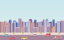 Flat icon design of downtown city landscape and car on road under blue sky background Royalty Free Stock Image Flat icon design of downtown city landscape and car on road under blue sky background Royalty Free Stock Image