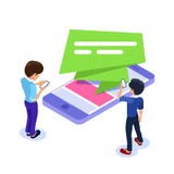 Flat Isometric mobile advertising concept. People with mobile devices are watching ads. Can use for web banner royalty free illustration Flat Isometric mobile advertising concept. People with mobile devices are watching ads. Can use for web banner royalty free illustration