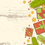 Flat lay christmas mockup with fir branches, bright gift boxes with bow, beads and stars on wooden background. Template for new stock illustration Flat lay christmas mockup with fir branches, bright gift boxes with bow, beads and stars on wooden background. Template for new stock illustration