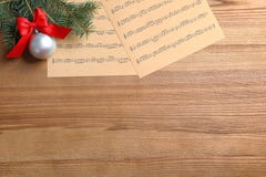 Flat lay composition with Christmas decorations and music sheets royalty free stock photography Flat lay composition with Christmas decorations and music sheets royalty free stock photography