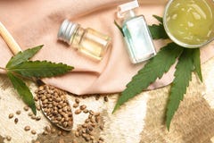 Flat lay composition with hemp lotion stock photography Flat lay composition with hemp lotion stock photography