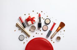 Flat lay composition with makeup products and Christmas decor stock photos Flat lay composition with makeup products and Christmas decor stock photos