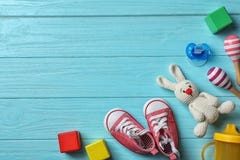 Flat Lay Composition With Baby Accessories And Toys Stock Image