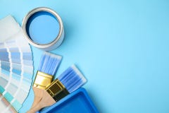 Flat Lay Composition With Can Of Paint, Brush And Renovation Tools On Blue Background Royalty Free Stock Photos Flat Lay Composition With Can Of Paint, Brush And Renovation Tools On Blue Background Royalty Free Stock Photos
