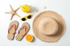 Flat Lay Composition With Summer Vacation Accessories On White Background, Top View Stock Image Flat Lay Composition With Summer Vacation Accessories On White Background, Top View Stock Image