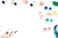 Flat Lay Creative Artist workspace. Watercolor and brushes on white background. stock photography Flat Lay Creative Artist workspace. Watercolor and brushes on white background. stock photography