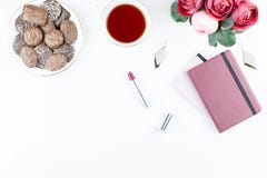 Flat Lay Home Office Desk. Feminine Workspace With Diary, Flowers, Sweets, Fashion Accessories. Fashion Blogger Concept. Royalty Free Stock Photo
