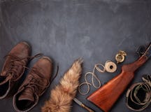Flat lay with hunting ammunition over the grey background: old b stock photo Flat lay with hunting ammunition over the grey background: old b stock photo