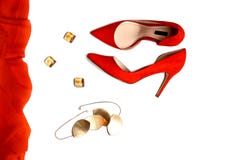 Flat Lay To Party Outfit Composition: Red Shoes, Accessories, Jewelry On White Background, Isolated. Stock Image