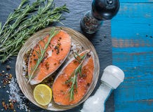 Salmon fish on a plate with spices, olive oil and lemon before cooking, flat lay royalty free stock photos Salmon fish on a plate with spices, olive oil and lemon before cooking, flat lay royalty free stock photos