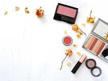 Flat Lay With Woman`s Make Up Products. Royalty Free Stock Photo