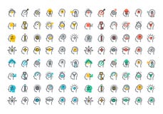 Flat line colorful icons collection of human brain process. People thinking, emotions, mental health, creative process, business solution, character experience Flat line colorful icons collection of human brain process. People thinking, emotions, mental health, creative process, business solution, character experience