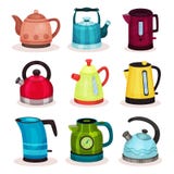 Flat Vector Set Of Tea Kettles. Kitchen Utensils. Home Appliance For Boiling Water. Elements For Advertising Of Stock Photo Flat Vector Set Of Tea Kettles. Kitchen Utensils. Home Appliance For Boiling Water. Elements For Advertising Of Stock Photo