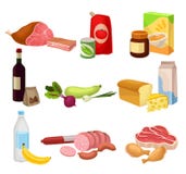 Flat vector set of various groceries. Fresh meat sausages and chicken , natural vegetables, dairy products. Healthy stock illustration Flat vector set of various groceries. Fresh meat sausages and chicken , natural vegetables, dairy products. Healthy stock illustration