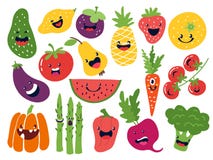 Flat vegetable characters. Funny smiley doodle fruits, hand drawn berries potato onion tomato apples. Vector cute fruits vector illustration Flat vegetable characters. Funny smiley doodle fruits, hand drawn berries potato onion tomato apples. Vector cute fruits vector illustration